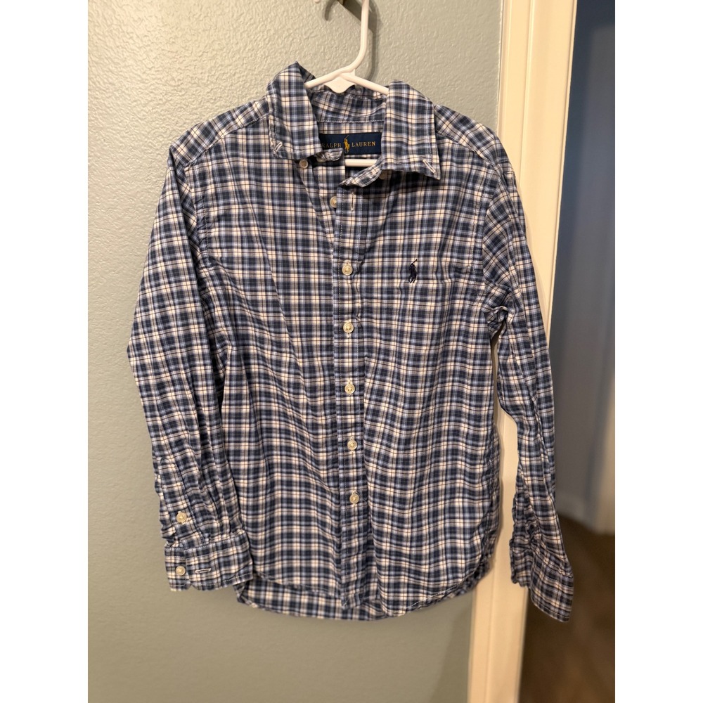 Ralph Lauren Boys Blue Plaid Button Down Shirt Long Sleeve Size 8 S/P EUC